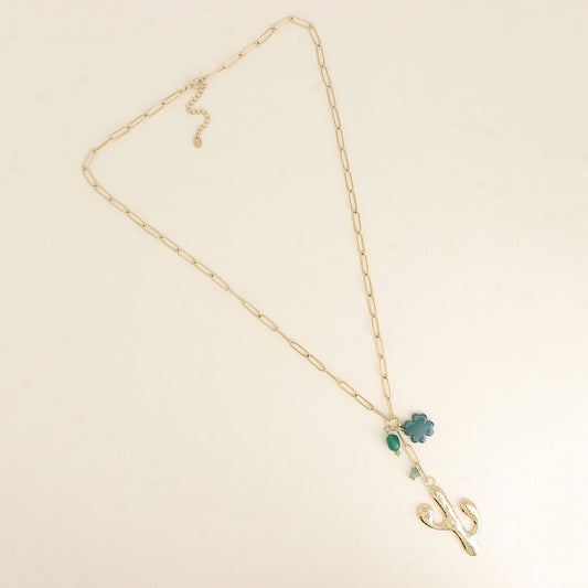 Collier en Y - cactus, trèfle en résine et perle 64+5 cm
