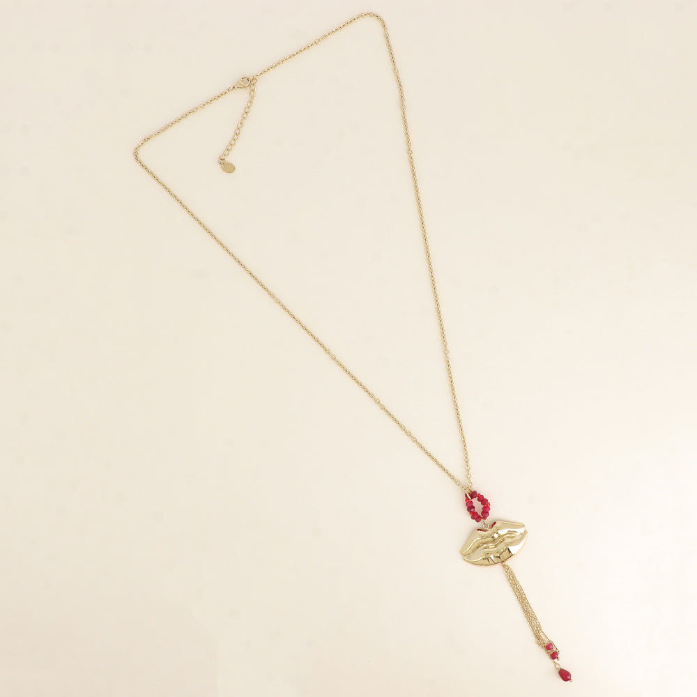 Collier en Y - anneau de pierres naturelles et pendentif en forme de bouche 64+5 cm