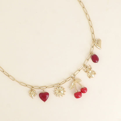 Collier - trèfle, scarabée, soleil, cerise, perles, cœurs 40+5 cm