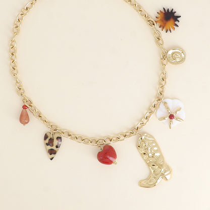 Collier - goutte perlée, coeur léopard, coeur en céramique émaillée, botte, fleur nacrée, étoile, chapeau, soleil en résine léopard 40+5 cm