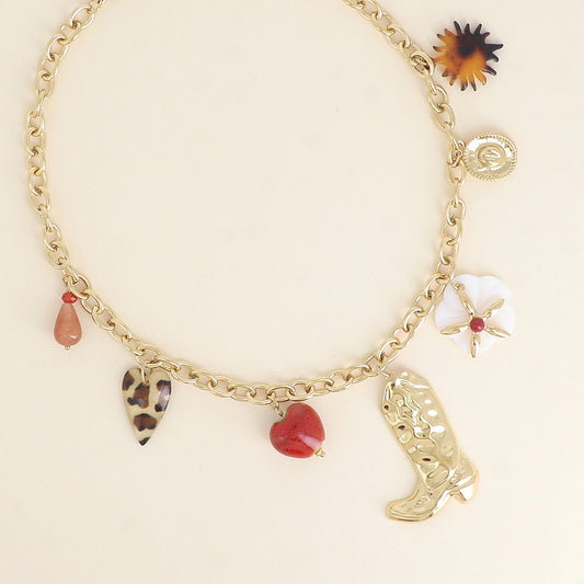 Collier - goutte perlée, coeur léopard, coeur en céramique émaillée, botte, fleur nacrée, étoile, chapeau, soleil en résine léopard 40+5 cm