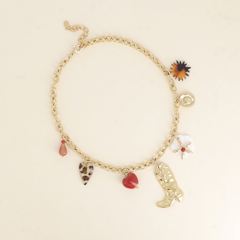 Collier - goutte perlée, coeur léopard, coeur en céramique émaillée, botte, fleur nacrée, étoile, chapeau, soleil en résine léopard 40+5 cm
