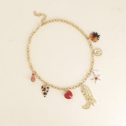Collier - goutte perlée, coeur léopard, coeur en céramique émaillée, botte, fleur nacrée, étoile, chapeau, soleil en résine léopard 40+5 cm