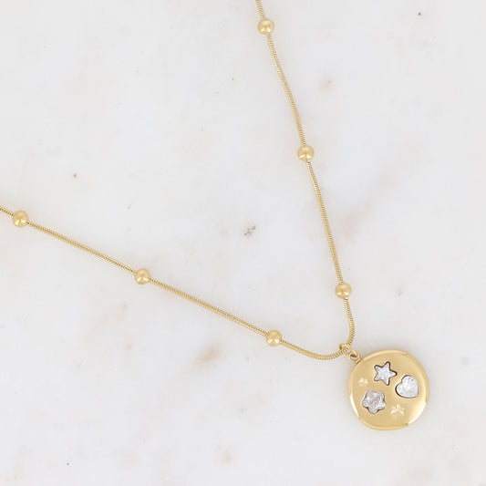 Collier avec pendentif rond orné d'oxydes de zirconium forme étoile, cœur et fleur (50+5CM)