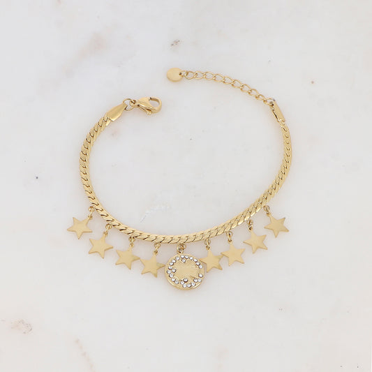 Bracelet en maille avec pampilles étoiles et pendentif rond strassé motif trèfle