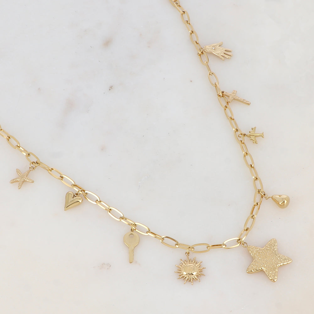 Collier en maille avec étoile de mer, cœur, clé, soleil, étoile, poire, avion, coix et main avec motif œil strassé (37.5+7CM)