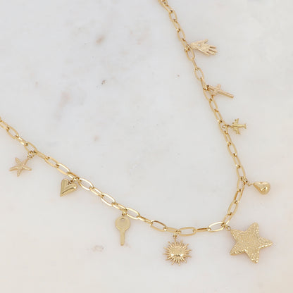 Collier en maille avec étoile de mer, cœur, clé, soleil, étoile, poire, avion, coix et main avec motif œil strassé (37.5+7CM)