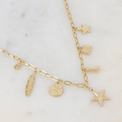 Collier en maille avec avocat, feuille, boussole, étoiles de mer, bottine strassée et livre (37.5+7CM)