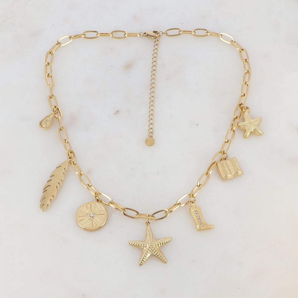 Collier en maille avec avocat, feuille, boussole, étoiles de mer, bottine strassée et livre (37.5+7CM)