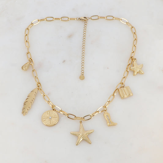 Collier en maille avec avocat, feuille, boussole, étoiles de mer, bottine strassée et livre (37.5+7CM)