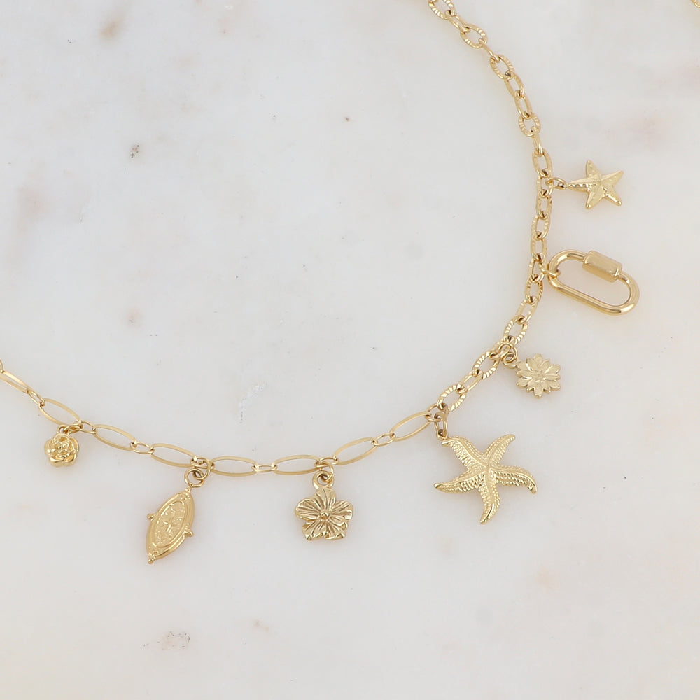Collier en maille avec fleurs, pampille géométrique motif étoile, étoiles de mer et anneau rectangulaire (39+5CM)