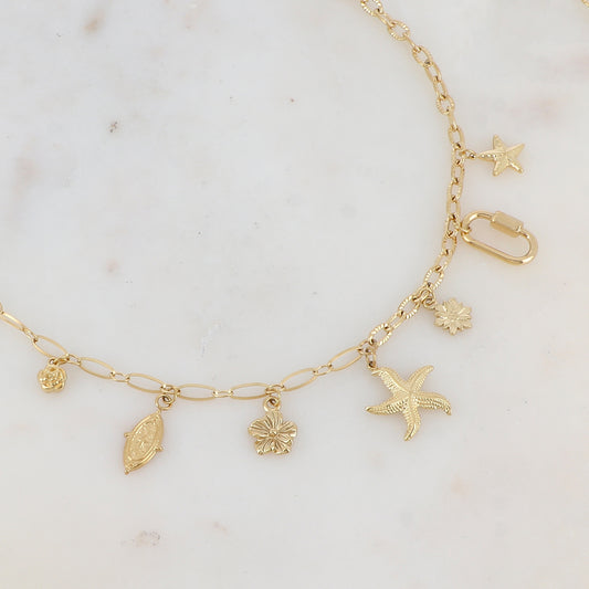 Collier en maille avec fleurs, pampille géométrique motif étoile, étoiles de mer et anneau rectangulaire (39+5CM)