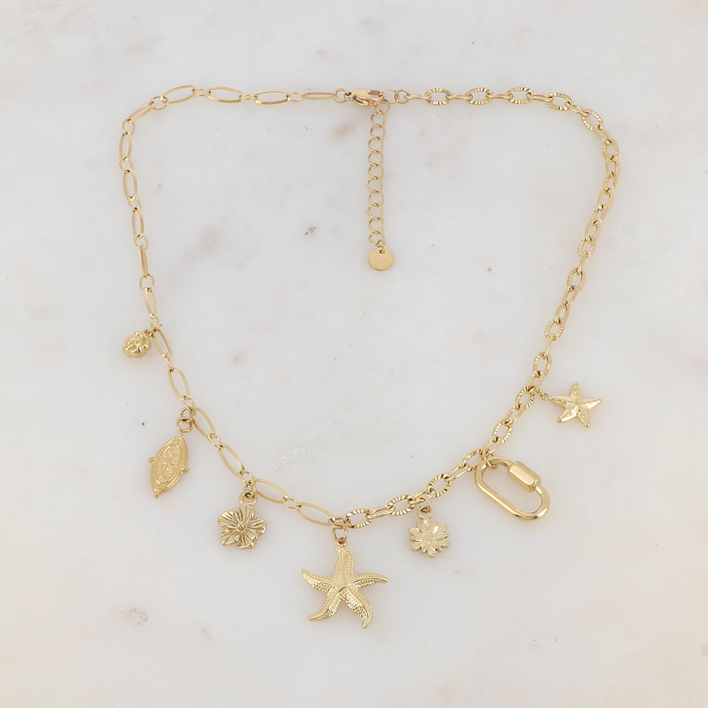 Collier en maille avec fleurs, pampille géométrique motif étoile, étoiles de mer et anneau rectangulaire (39+5CM)