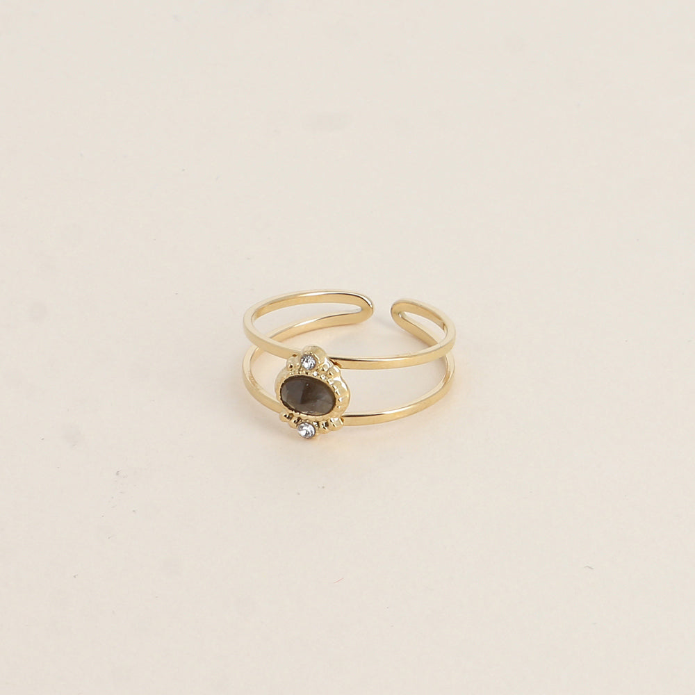 Bague - 2 anneaux, oxydes de zirconium et pierre naturelle ovale labradorite