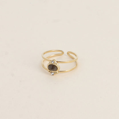 Bague - 2 anneaux, oxydes de zirconium et pierre naturelle ovale labradorite