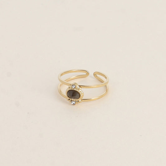 Bague - 2 anneaux, oxydes de zirconium et pierre naturelle ovale labradorite