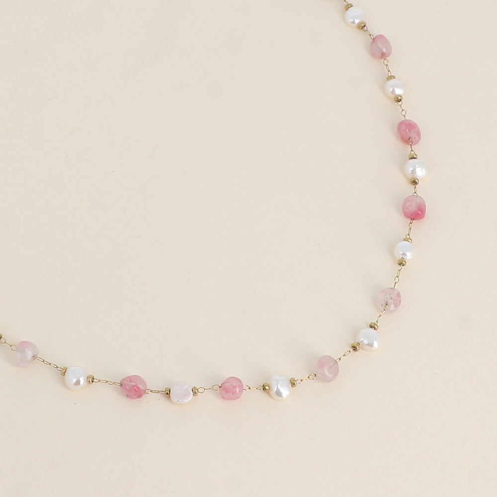 Collier - perles d'eau douce et de pierres naturelles agate rose 39+5 cm