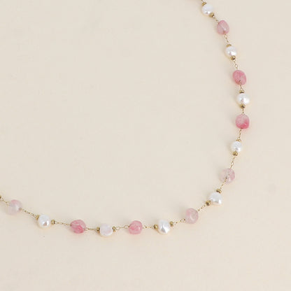 Collier - perles d'eau douce et de pierres naturelles agate rose 39+5 cm