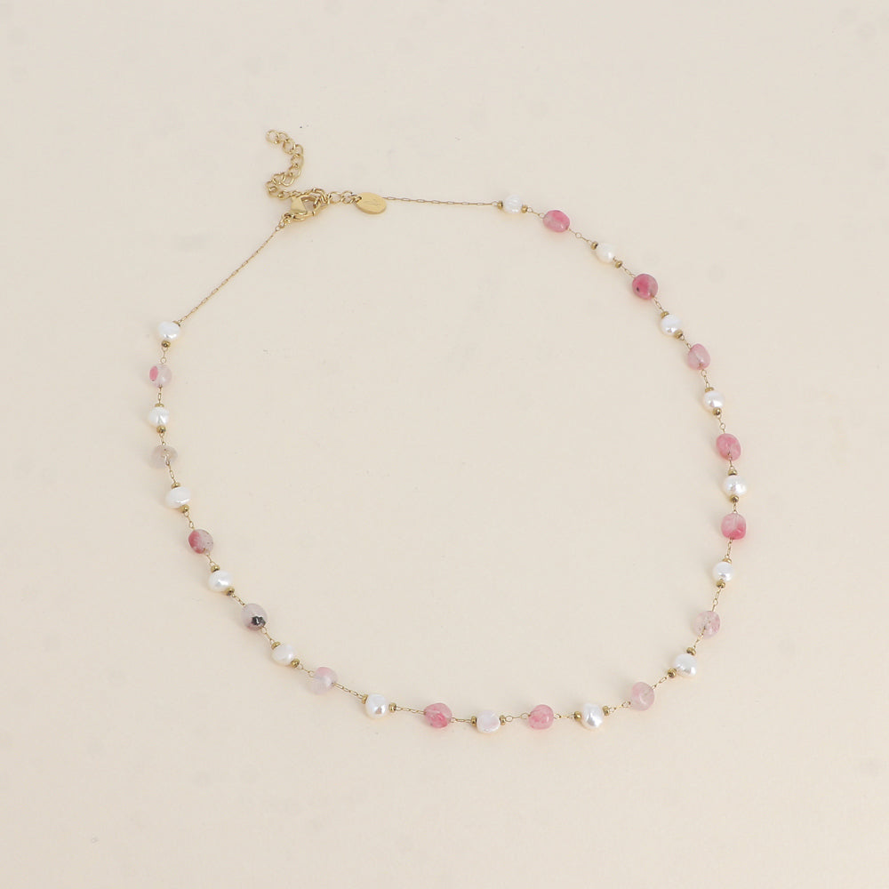 Collier - perles d'eau douce et de pierres naturelles agate rose 39+5 cm