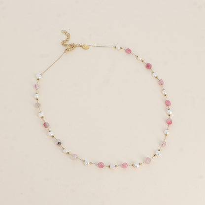 Collier - perles d'eau douce et de pierres naturelles agate rose 39+5 cm