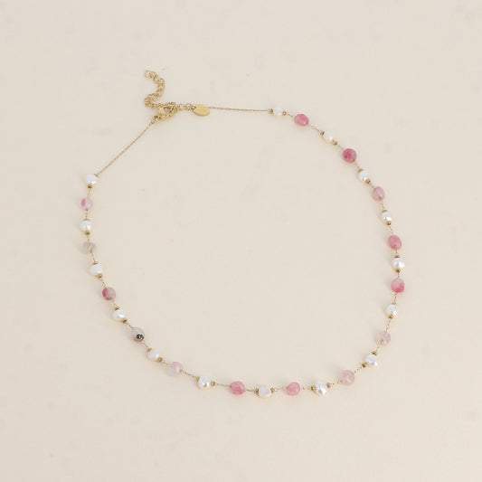 Collier - perles d'eau douce et de pierres naturelles agate rose 39+5 cm