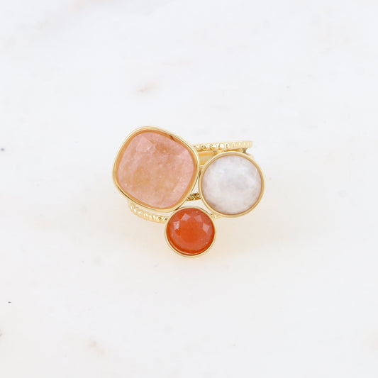 Bague Trilogie – pierres naturelles - quartz fraise, agate blanche, aventurine orange