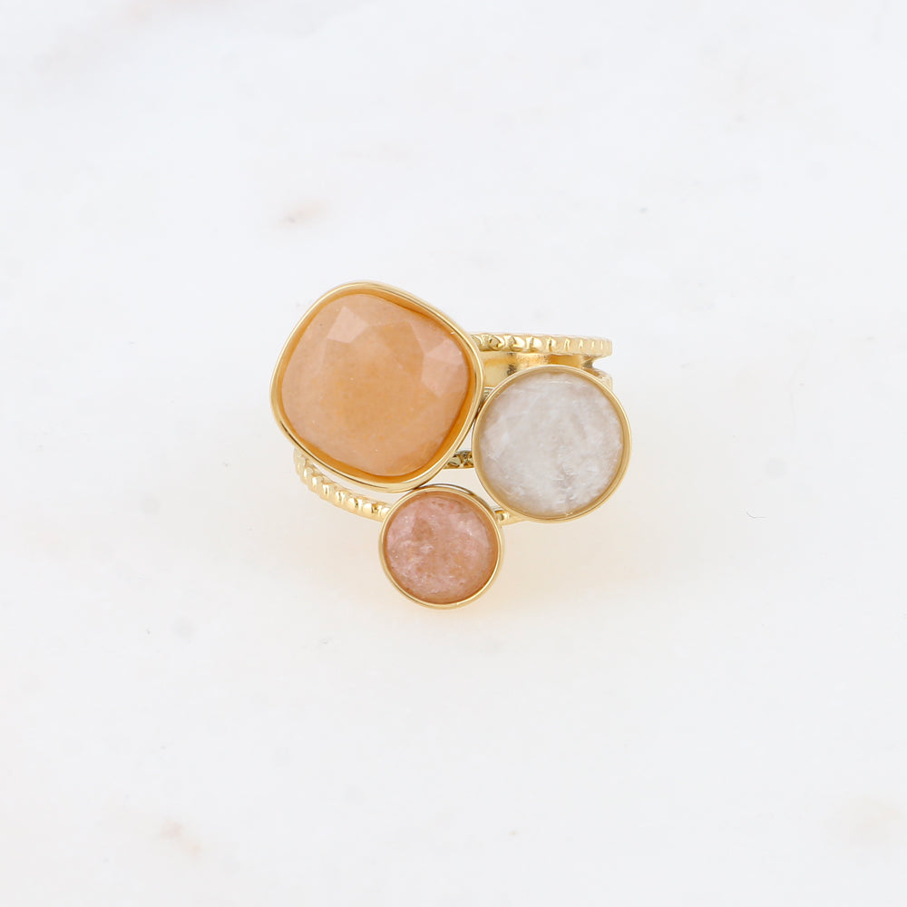 Bague Trilogie – pierres naturelles - aventurine orange, agate blanche, quartz fraise