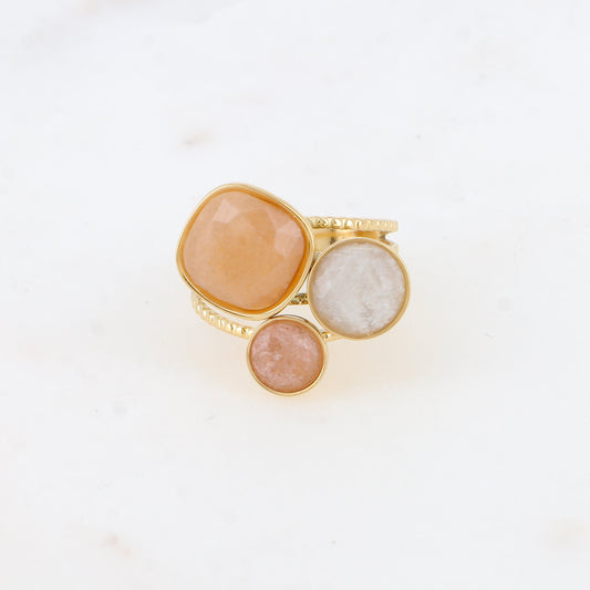 Bague Trilogie – pierres naturelles - aventurine orange, agate blanche, quartz fraise