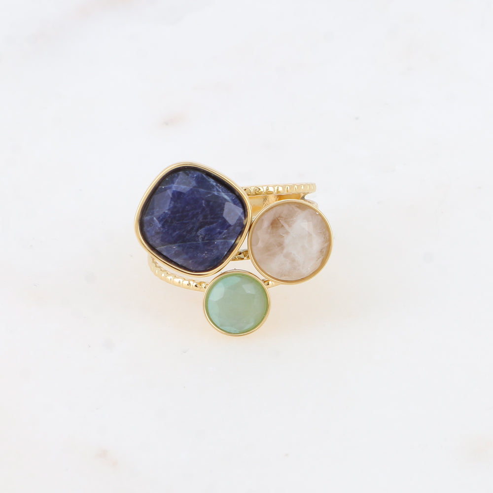 Bague Trilogie – pierres naturelles - agate bleue, agate blanche, aventurine verte
