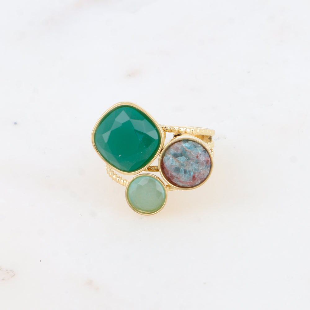 Bague Trilogie – pierres naturelles - agate verte, apatite, aventurine verte