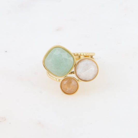 Bague Trilogie – pierres naturelles - aventurine verte, agate blanche, quartz fraise
