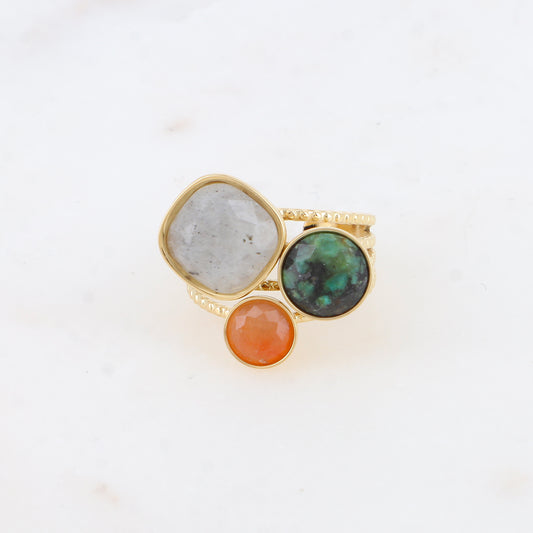 Bague Trilogie – pierres naturelles - labradorite, turquoise africaine, aventurine orange