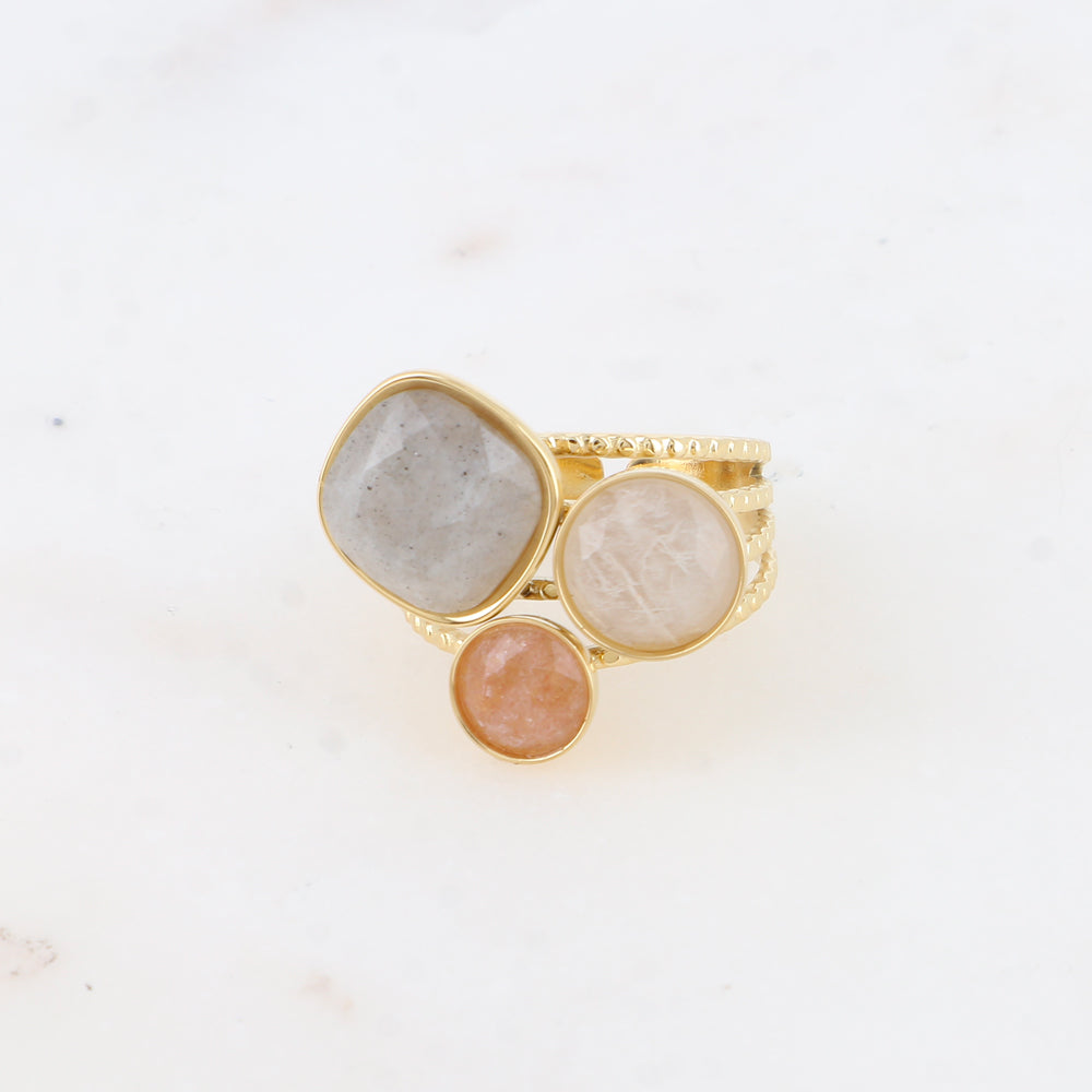 Bague Trilogie – pierres naturelles - labradorite, agate blanche, quartz fraise