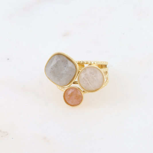 Bague Trilogie – pierres naturelles - labradorite, agate blanche, quartz fraise