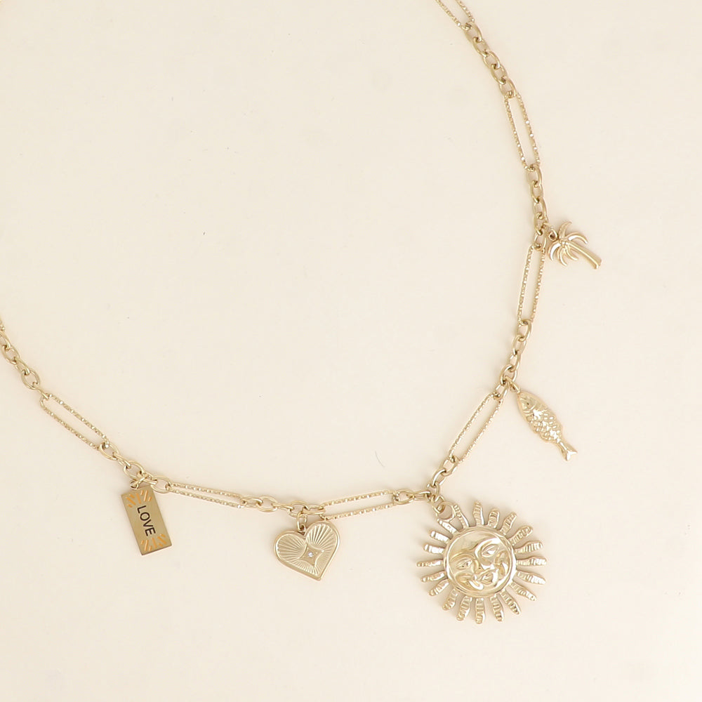 Collier - breloques (soleil, cœur, plaquette LOVE, poisson, palmier) 40+7 cm