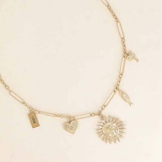 Collier - breloques (soleil, cœur, plaquette LOVE, poisson, palmier) 40+7 cm