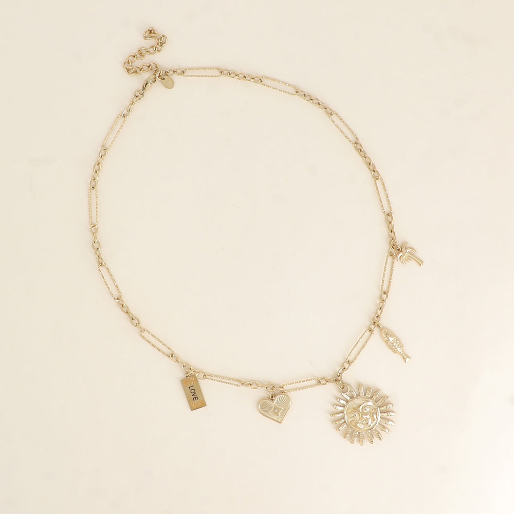Collier - breloques (soleil, cœur, plaquette LOVE, poisson, palmier) 40+7 cm