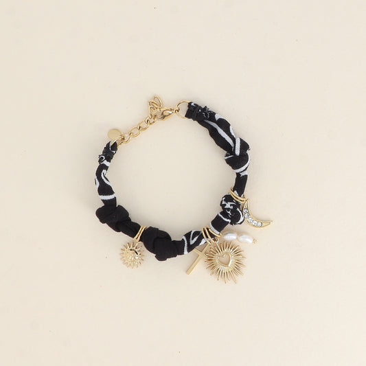 Bracelet - ruban, tissu et breloques (soleil, cœur, lune avec oxydes de zirconium) (16+3 cm)