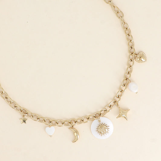 Collier - breloques (nacre, étoile, cœur, lune, soleil, perles d'eau douce) 40+7 cm