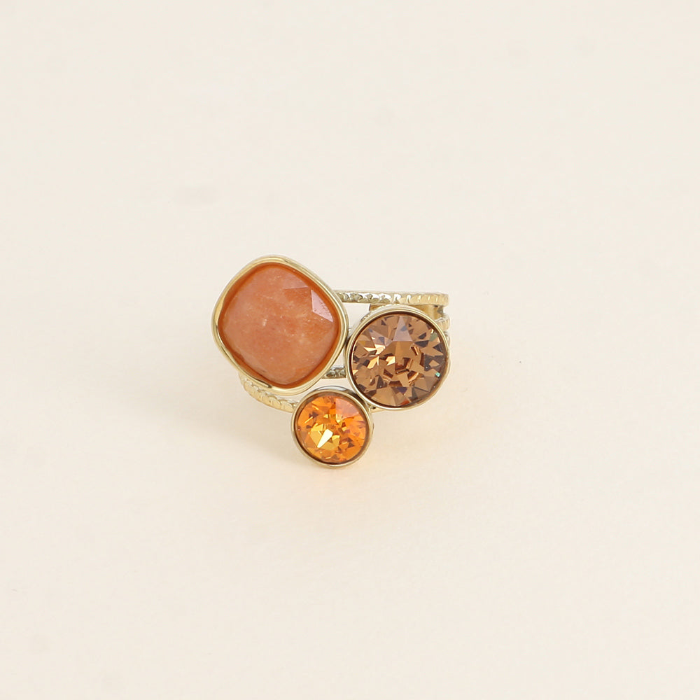 Bague Trilogie - pierre naturelle et cristaux - aventurine orange, light smoked topaz, topaz