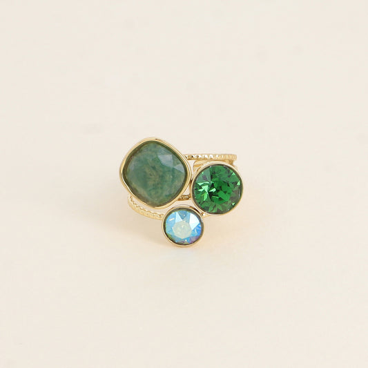 Bague Trilogie - pierre naturelle et cristaux - jaspe vert, dark moss green, erinite shimmer