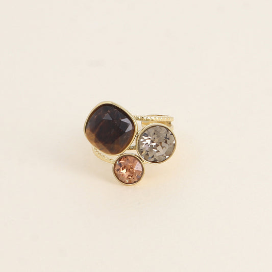 Bague Trilogie - pierre naturelle et cristaux - oeil de tigre, greige, light smoked topaz