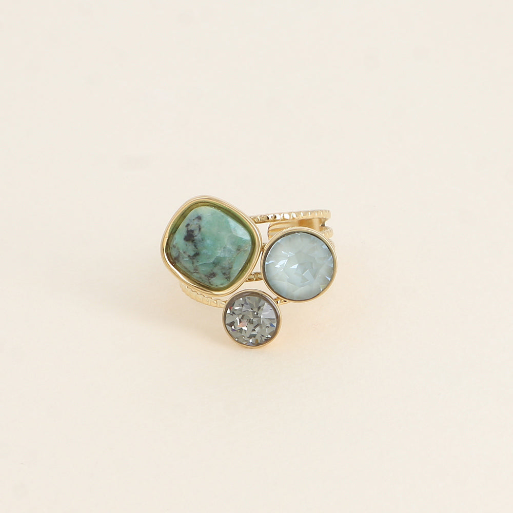 Bague Trilogie - pierre naturelle et cristaux - turquoise africaine reconstituée, agave ignite, black diamond
