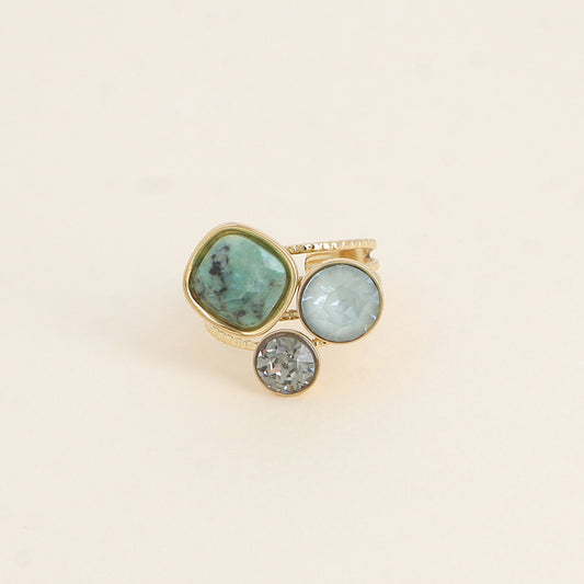 Bague Trilogie - pierre naturelle et cristaux - turquoise africaine reconstituée, agave ignite, black diamond