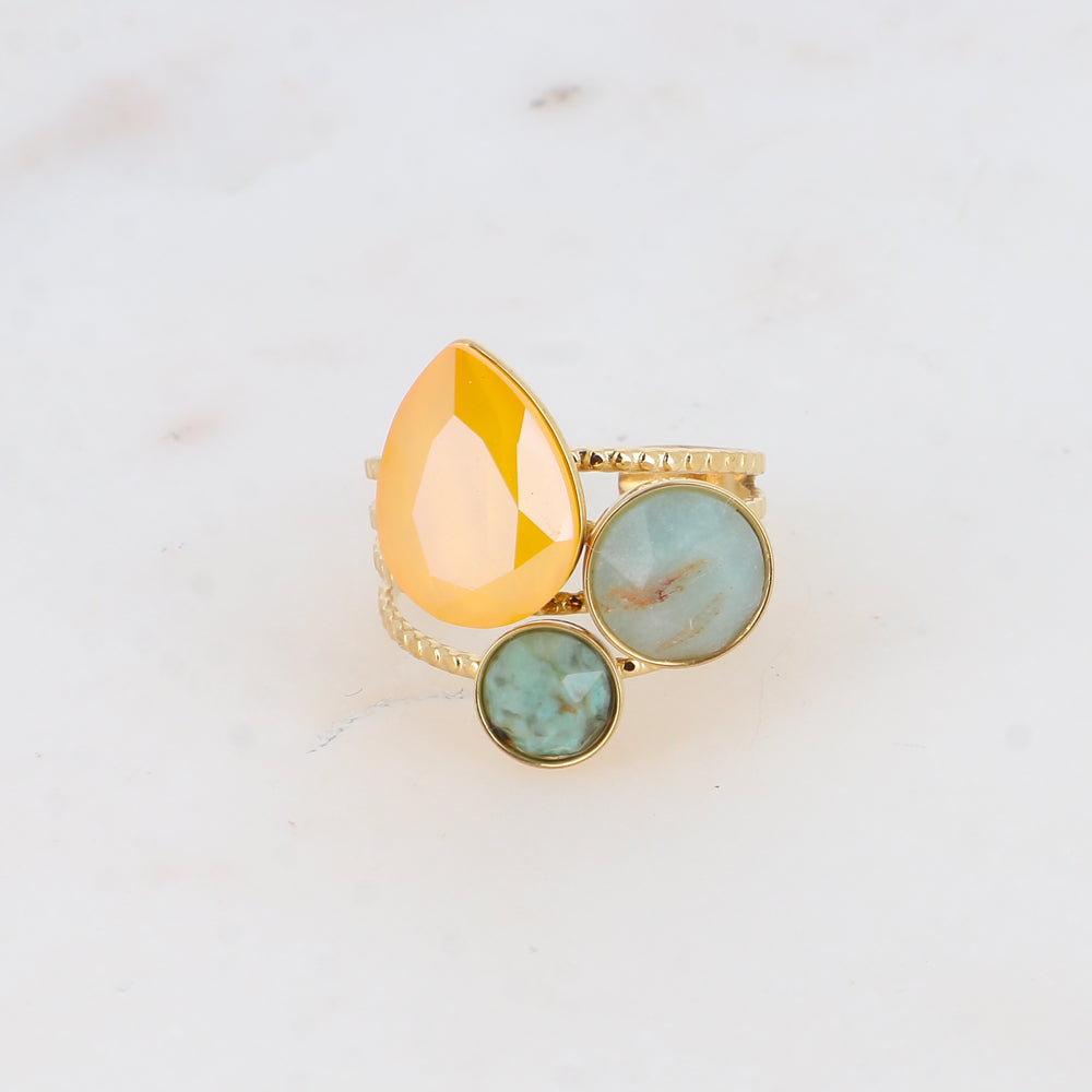 Bague Trilogie goutte - cristaux et pierres naturelles - Buttercup, amazonite et turquoise africaine