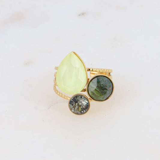 Bague Trilogie goutte - cristaux et pierres naturelles - Powder Yellow, unakite, black diamond