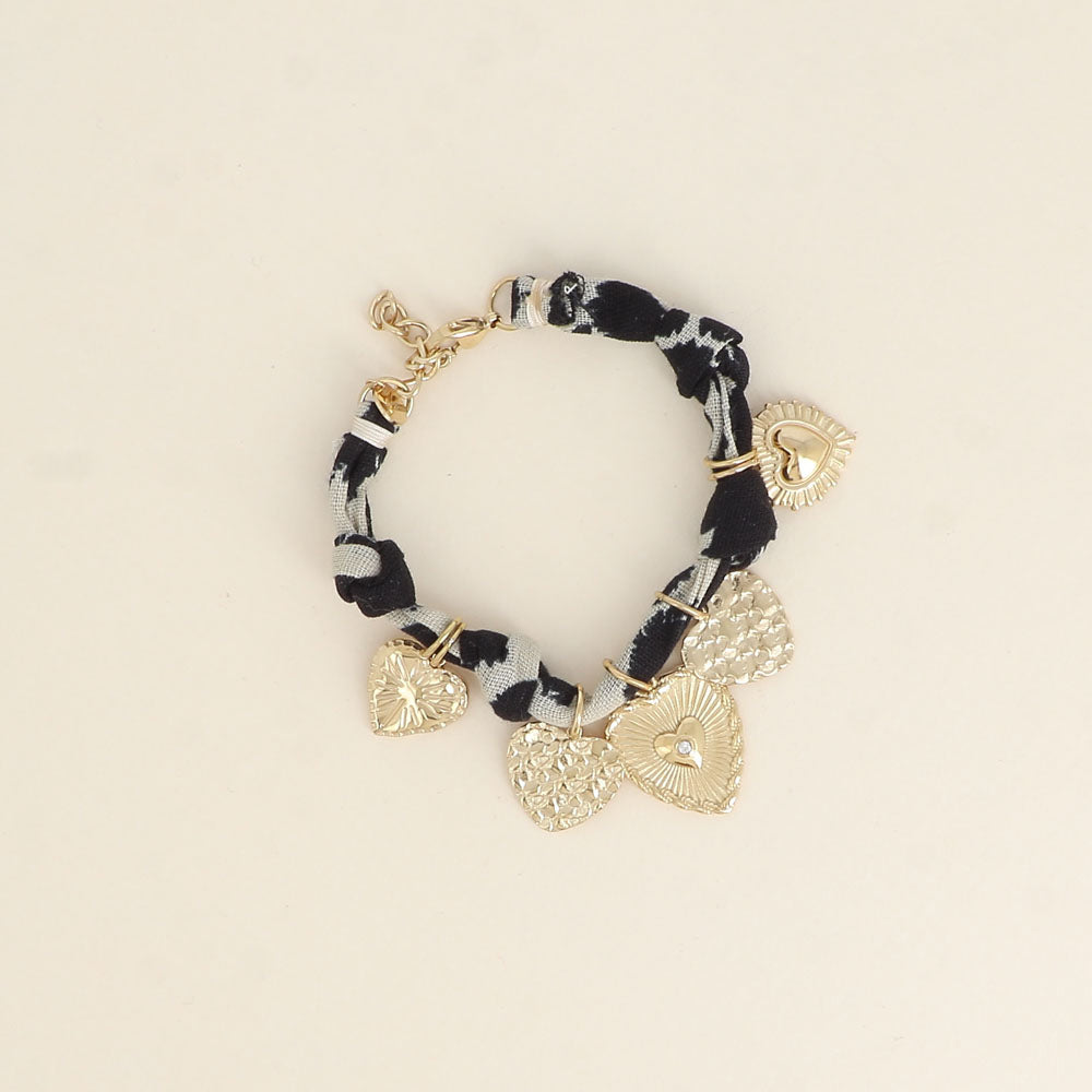 Bracelet - ruban léopard, breloques cœurs (16+3 cm)