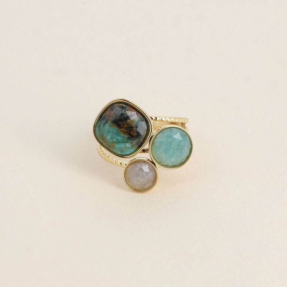 Bague Trilogie – pierres naturelles - Turquoise africaine, aventurine verte, amazonite