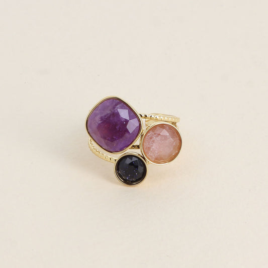 Bague Trilogie – pierres naturelles - améthyste, quartz fraise, sable bleu