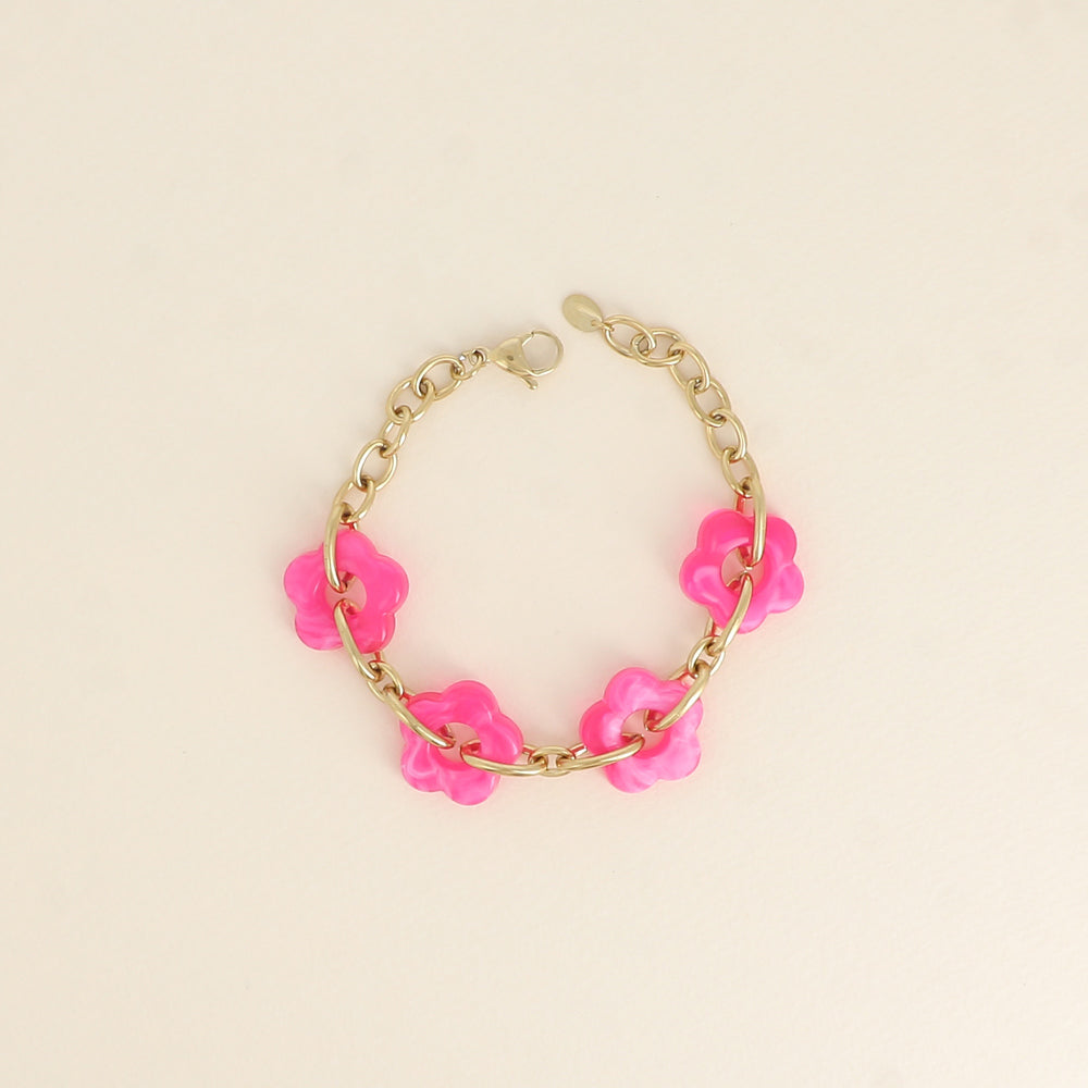 Bracelet - 4 fleurs en résine fuchsia et maillons ovales (17+3 cm / dimension approximative d'une fleur: 20 x 20 mm)
